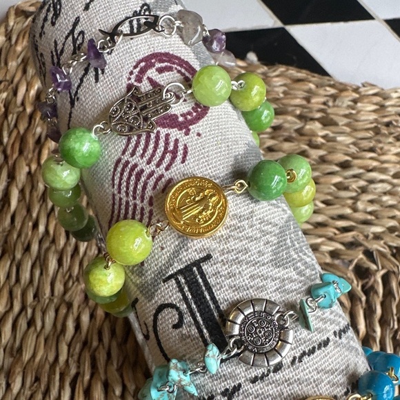 Imperial jade saint Benedict beaded bracelet handmade rosary link adjustable - Picture 10 of 12